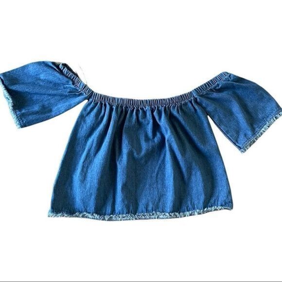 J.O.A Los Angeles Revolve Denim Off Shoulder Top Size Medium - Picture 6 of 9
